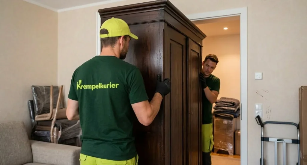Zwei Männer in grünen Krempelkurier-Shirts tragen einen dunklen Holzschrank aus einem Wohnzimmer