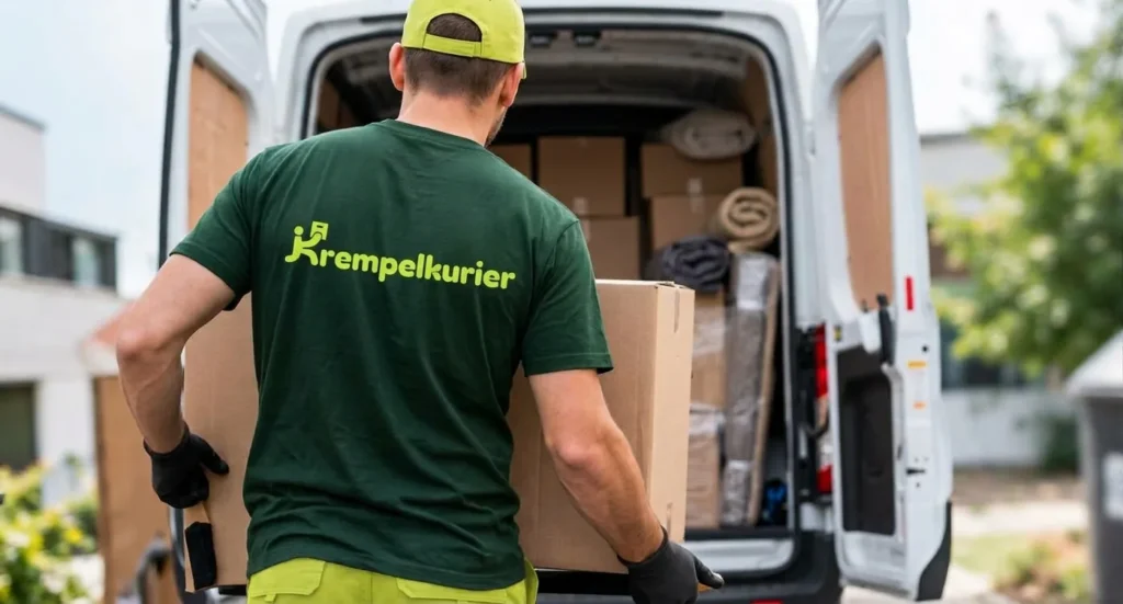 Ein Mann im grünen Krempelkurier-Shirt trägt einen Karton zum offenen Transporter