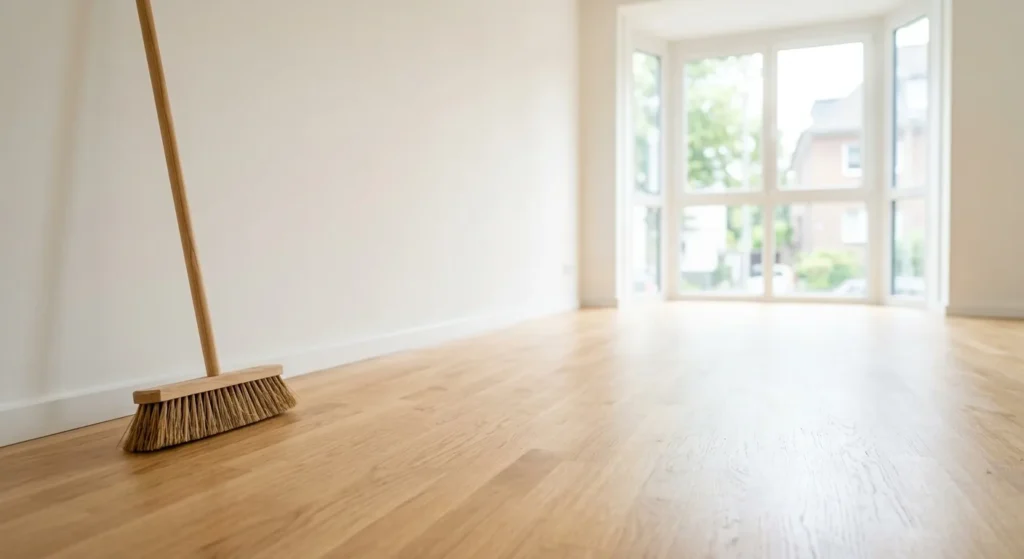 Ein Besen lehnt an der Wand eines leeren, hellen Raums mit Holzboden und großen Fenstern